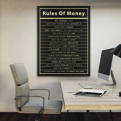 Rules of Money: Motivational Canvas Print for Office Decor