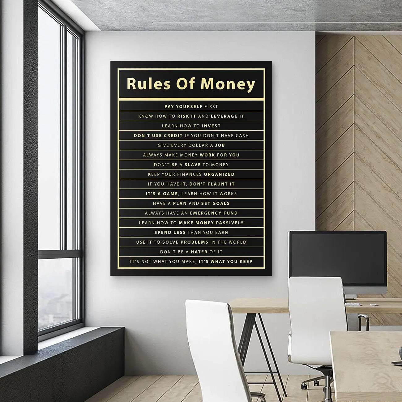 Rules of Money: Motivational Canvas Print for Office Decor