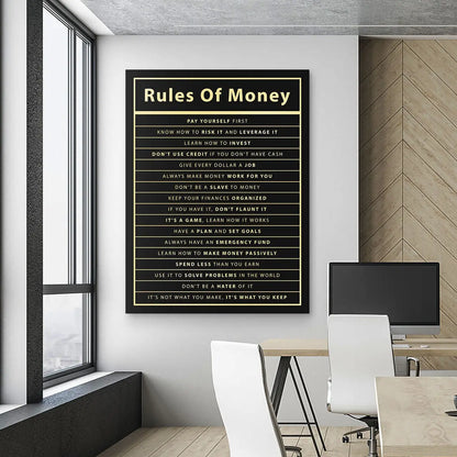 Rules of Money: Motivational Canvas Print for Office Decor
