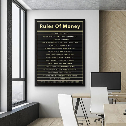 Rules of Money: Motivational Canvas Print for Office Decor