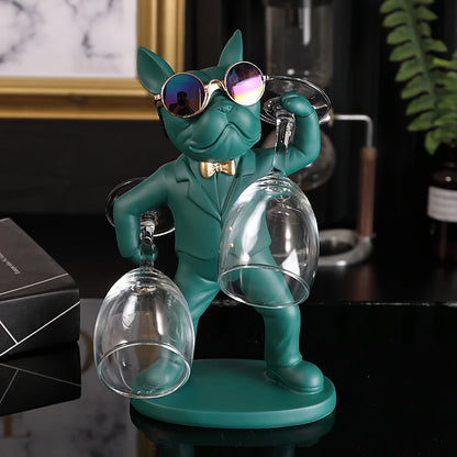 KungFu Bulldog Butler Creative Wine Glass Holders Resin Dog statue Wine Glass Rack Stand for Table Desk Décor for Kitchen Bar