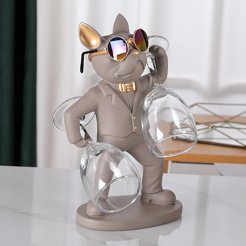KungFu Bulldog Butler Creative Wine Glass Holders Resin Dog statue Wine Glass Rack Stand for Table Desk Décor for Kitchen Bar