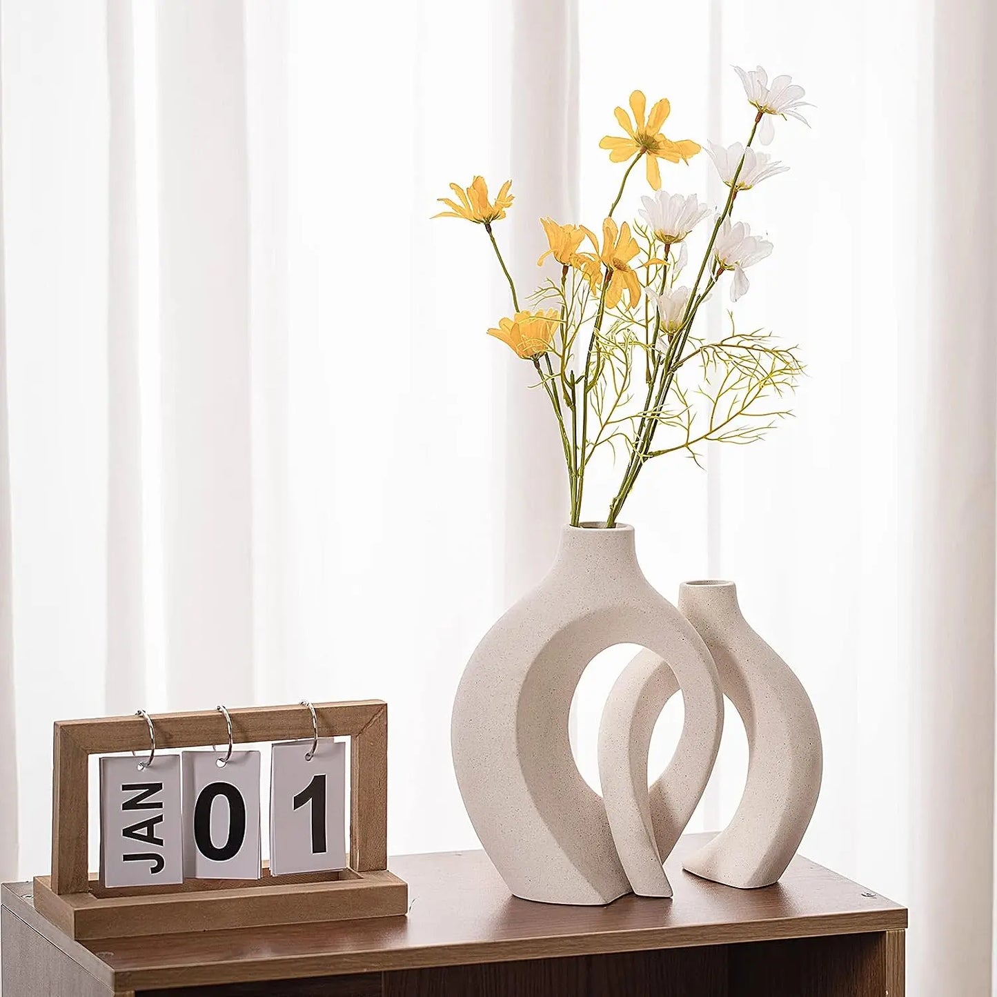 White Ceramic Donut Vase Set: 2-Piece Boho Nordic Decor for Home