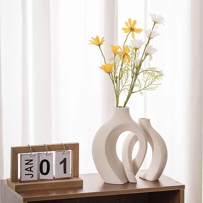 White Ceramic Donut Vase Set: 2-Piece Boho Nordic Decor for Home