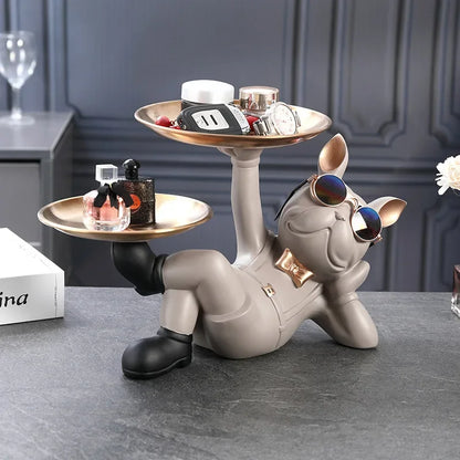Resin Décor Dog Statue Butler with Tray for Storage Table Live Room French Bulldog Ornaments Decorative Sculpture Craft Gift