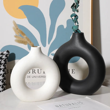 Circular Hollow Donut Ceramic Vase: Nordic Decor for Office & Home