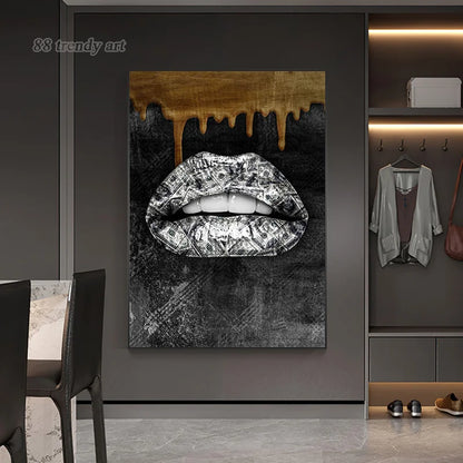 Golden Silver Lips & Dollar: Luxury Canvas Art for Home Decor