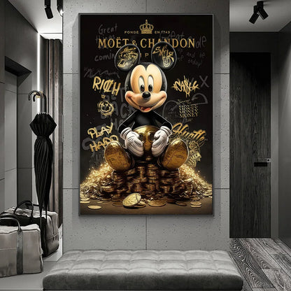 Rich Mickey Gold Abstract: Money Graffiti Canvas for Decor