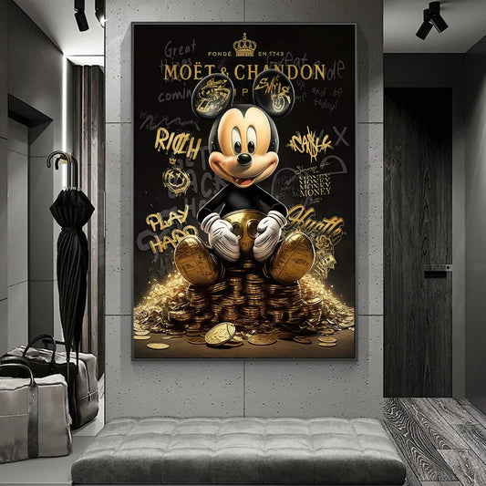 Rich Mickey Gold Abstract: Money Graffiti Canvas for Decor