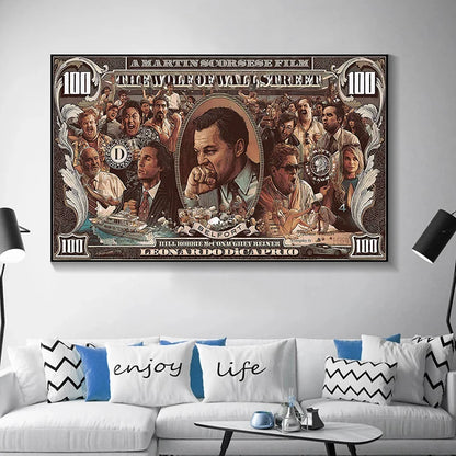 $100 Dollar Street Art: Wolf Wall Street Pop Canvas for Living Room Decor