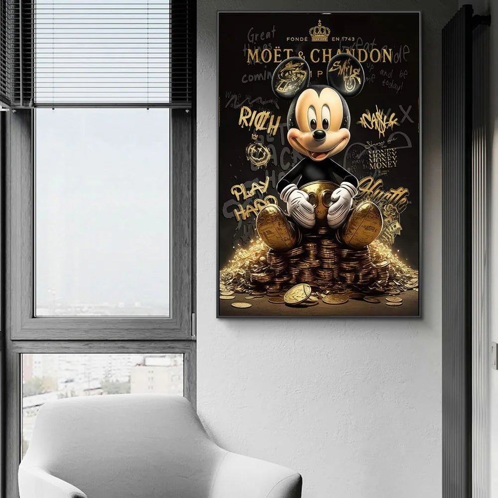 Rich Mickey Gold Abstract: Money Graffiti Canvas for Decor