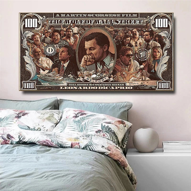 $100 Dollar Street Art: Wolf Wall Street Pop Canvas for Living Room Decor