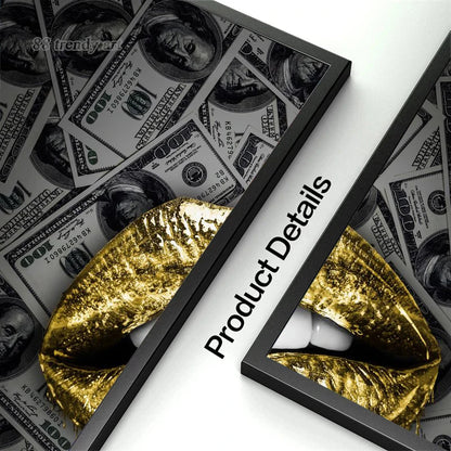 Golden Silver Lips & Dollar: Luxury Canvas Art for Home Decor