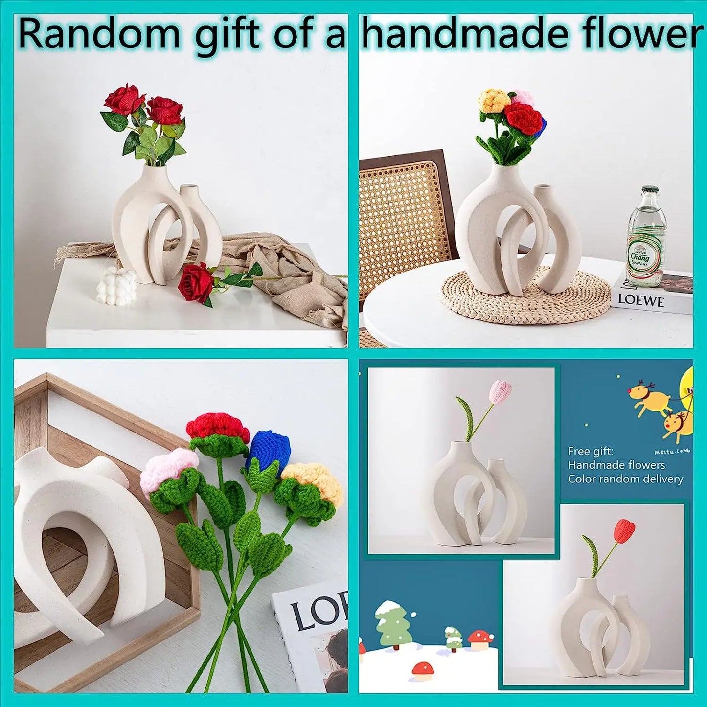White Ceramic Donut Vase Set: 2-Piece Boho Nordic Decor for Home