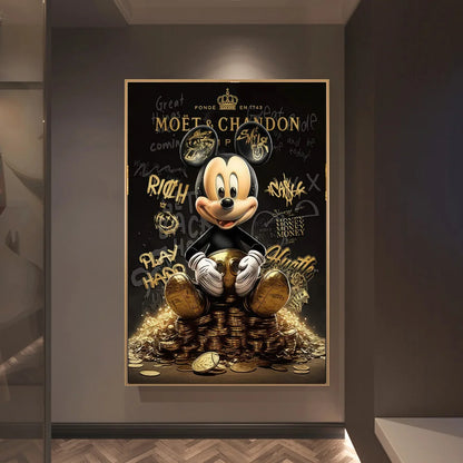 Rich Mickey Gold Abstract: Money Graffiti Canvas for Decor