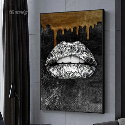 Golden Silver Lips & Dollar: Luxury Canvas Art for Home Decor