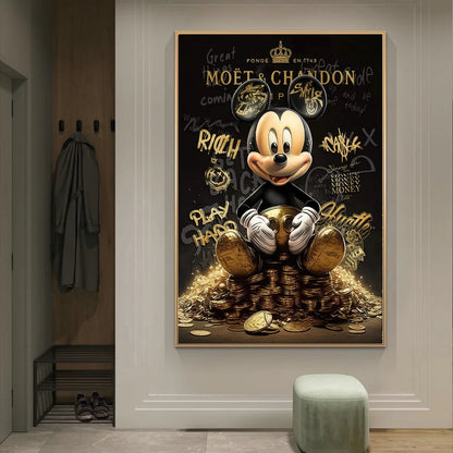 Rich Mickey Gold Abstract: Money Graffiti Canvas for Decor