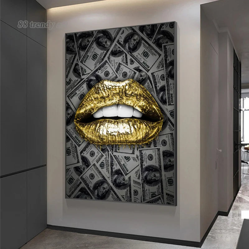 Golden Silver Lips & Dollar: Luxury Canvas Art for Home Decor