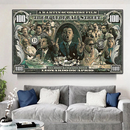 $100 Dollar Street Art: Wolf Wall Street Pop Canvas for Living Room Decor