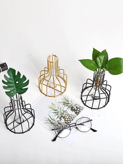 Hydroponic Vase with Iron Decor: Creative Living Room Flower Arrangement