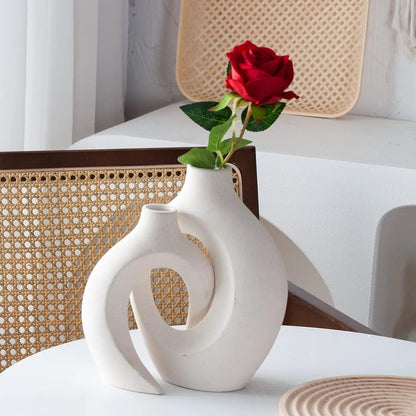 White Ceramic Donut Vase Set: 2-Piece Boho Nordic Decor for Home