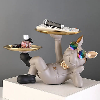 Resin Décor Dog Statue Butler with Tray for Storage Table Live Room French Bulldog Ornaments Decorative Sculpture Craft Gift