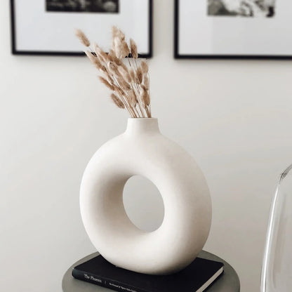 Circular Hollow Donut Ceramic Vase: Nordic Decor for Office & Home