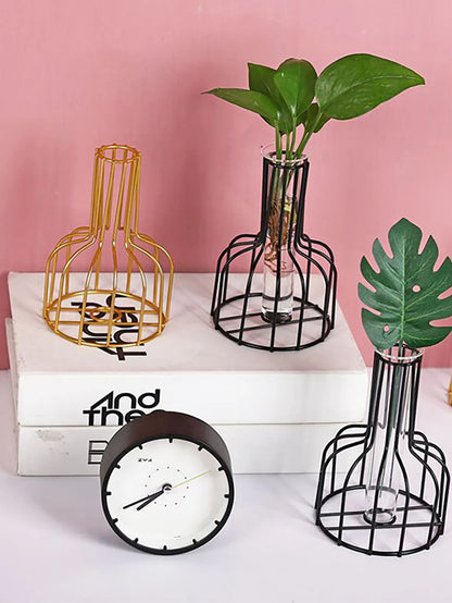 Hydroponic Vase with Iron Decor: Creative Living Room Flower Arrangement